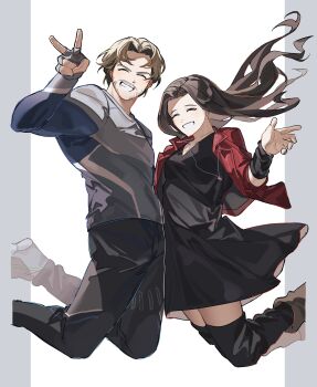 Rule 34 | 1boy, 1girl, absurdres, animification, avengers: age of ultron, avengers (series), black dress, black footwear, black pants, blonde hair, boots, border, breasts, brother and sister, brown footwear, brown hair, chok (chskchrd7), commentary request, dress, facial hair, fingerless gloves, floating hair, gloves, grey border, grey gloves, grey shirt, hand up, happy, highres, jacket, jewelry, jumping, korean commentary, lapels, leg warmers, long hair, long sleeves, marvel, medium breasts, necklace, open clothes, open jacket, outside border, pants, pietro maximoff, quicksilver (marvel), red jacket, shirt, shoes, short hair, siblings, simple background, smile, sneakers, teeth, v, v-shaped eyebrows, wanda maximoff, wavy hair, white background
