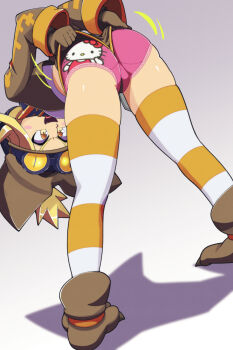 1girl animal_hat animal_print ass back-print_panties bent_over blonde_hair blush blush_stickers boots brown_boots brown_gloves brown_hat brown_jacket brown_shorts cat_hat cat_print character_print claws clothes_pull collar disgaea euf-dreamer eyewear_on_head eyewear_on_headwear fang from_behind gloves goggles goggles_on_head goggles_on_headwear grey_background hat hello_kitty hello_kitty_(character) jacket long_sleeves looking_at_viewer midriff open_clothes open_jacket open_mouth orange_thighhighs panties paw_shoes pink_panties print_panties sanrio self_wedgie shirt short_hair shorts shorts_pull smile standing strapless striped_clothes striped_thighhighs thief_(disgaea) thighhighs tube_top underwear wedgie white_shirt yellow_eyes