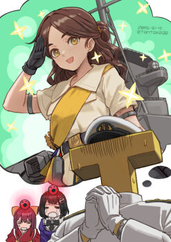 3girls black_gloves black_hair bow brown_eyes brown_hair commentary_request dark-skinned_female dark_skin gloves haguro_(kancolle) haguro_kai_ni_(kancolle) hair_bow hair_bun hair_ornament imagining japanese_clothes kamikaze_(kancolle) kantai_collection kimono long_hair meiji_schoolgirl_uniform military_uniform multiple_girls purple_hair red_kimono rigging salute sash short_hair t-head_admiral tantaka thonburi_(kancolle) yellow_bow yellow_sash