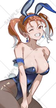 Rule 34 | 1girl, animal ear hairband, animal ears, bare shoulders, blue gem, blue hairband, blue leotard, breasts, brown pantyhose, cleavage, commentary request, cosplay, cowboy shot, curvy, detached sleeves, dragon quest, dragon quest iii, dragon quest viii, earrings, fake animal ears, fake tail, gadabout (dq3), gadabout (dq3) (cosplay), gem, grin, hairband, highleg, highleg leotard, highres, in-franchise crossover, jessica albert, jewelry, leotard, long hair, looking to the side, numao sub, one eye closed, orange eyes, orange hair, pantyhose, playboy bunny, rabbit ears, rabbit tail, sample watermark, smile, solo, sphere earrings, strapless, strapless leotard, tail, twintails, watermark, white background, wide hips