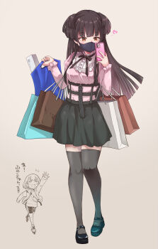 2girls arm_up bag black_hair black_skirt black_thighhighs commentary_request crossbody_bag fanny_pack frilled_sleeves frills full_body grey_background hands_up highres holding holding_bag idolmaster idolmaster_shiny_colors inline_skates jirai_kei mary_janes mask mayuzumi_fuyuko mouth_mask multiple_girls open_mouth orange_eyes pink_shirt roller_skates satomura_kyou serizawa_asahi shirt shoes shopping_bag shorts simple_background skates skirt smile standing suspender_skirt suspenders thighhighs too_many_bags translated two_side_up zettai_ryouiki zipper zipper_pull_tab