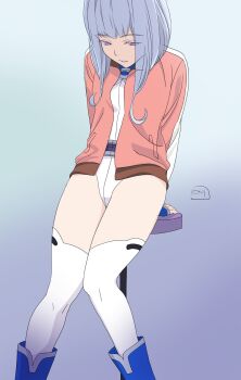 Rule 34 | 1girl, blue boots, blue hair, boots, commentary request, feet out of frame, fin e ld si laffinty, highres, jacket, leotard, long hair, nori (norimakigumo), purple eyes, rinne no lagrange, solo, stool, thighhighs, white thighhighs
