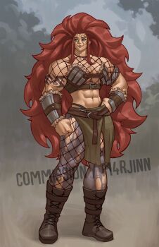 1girl abs absurdres armor artist_name belt blue_eyes boots braces breastplate breasts brown_background brown_belt cleavage clenched_hands closed_mouth commentary commission english_commentary eyelashes face_piercing facial_tattoo fishnet_pantyhose fishnets full_body grey_boots grey_pantyhose hand_on_own_hip highres large_breasts lip_piercing lips long_hair looking_to_the_side m4rjinn midriff muscular muscular_female navel nose original pantyhose pelvic_curtain piercing red_hair shoulder_tattoo sidelocks solo standing tattoo thick_thighs thighs very_long_hair