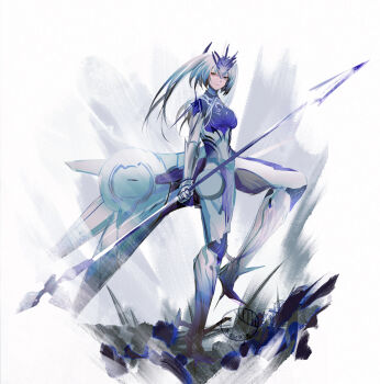 Rule 34 | 1girl, breasts, centaur, closed mouth, commentary, cyborg, forehead protector, grey hair, hair between eyes, hair ornament, headgear, hewaje, high-heeled mechanical legs, highres, holding, holding polearm, holding weapon, joints, long hair, looking at viewer, mecha musume, mechanical arms, mechanical legs, medium breasts, multiple legs, polearm, punishing: gray raven, purple eyes, robot joints, rosetta: arete (pgr), rosetta (pgr), see-through body, sidelocks, signature, smile, solo, spear, standing, standing on three legs, taur, weapon
