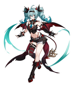 Rule 34 | 1girl, absurdres, ahoge, aqua hair, bare shoulders, belt, black gloves, black hairband, black shirt, black shorts, blue hair, boots, bracelet, breasts, bright pupils, chinese commentary, cleavage, commentary request, crop top, demon tail, demon wings, diamond-shaped pupils, diamond (shape), drill hair, elbow gloves, fingerless gloves, full body, gloves, green hair, grin, hair between eyes, hairband, high heel boots, high heels, highleg, highres, horns, jewelry, knee boots, long hair, looking at viewer, medium breasts, midriff, nail polish, navel, necktie, opaoye, original, pouch, red eyes, red nails, red wings, shirt, short necktie, short shorts, shorts, simple background, single thighhigh, sleeveless, sleeveless shirt, smile, solo, spiked bracelet, spikes, standing, standing on one leg, stomach, striped clothes, striped thighhighs, symbol-shaped pupils, tachi-e, tail, thigh strap, thighhighs, twin drills, twintails, white background, white pupils, wings