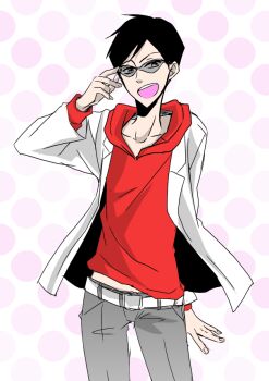 1boy adjusting_eyewear batman_(series) belt black_hair blazer dc_comics dick_grayson glasses hood hoodie male_focus open_mouth polka_dot polka_dot_background smile solo sunglasses white_belt
