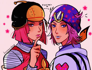 1boy 1girl blue_eyes blue_hat blue_lips bob_cut commentary english_commentary feathers freckles hat highres horseshoe hot_pants_(sbr) huyandere johnny_joestar jojo_no_kimyou_na_bouken medium_hair pink_eyes pink_hair pink_nails purple_hair star_(symbol) star_print star_symbol_background steel_ball_run