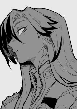 1boy absurdres boothill_(honkai:_star_rail) collared_jacket earrings from_side greyscale high_collar highres honkai:_star_rail honkai_(series) jacket jewelry long_hair male_focus mole mole_under_eye monochrome mrsw0911 parted_hair parted_lips piercing portrait profile shell_casing shirt solo turtleneck unzipped zipper