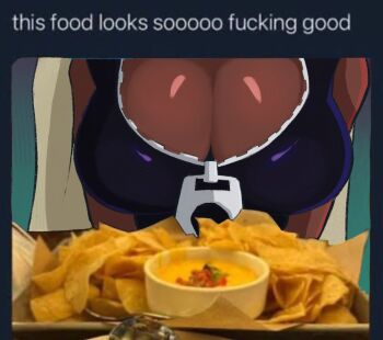 1girl back_to_zero breasts cleavage close-up dark-skinned_female dark_skin english_text food head_out_of_frame large_breasts marina_(off_the_hook_outfit)_(splatoon) marina_(splatoon) nintendo sleeveless splatoon_(series) tagme tweet