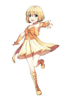 1girl :d absurdres blonde_hair blue_eyes boots bow breasts dress elbow_gloves fingerless_gloves full_body gloves hair_between_eyes highres light_blush looking_at_viewer non-web_source official_art open_mouth outstretched_hand short_hair small_breasts smile solo standing standing_on_one_leg strapless strapless_dress tachi-e taiyo_ami transparent_background utau yellow_boots yellow_bow yellow_dress yellow_gloves yen-mi
