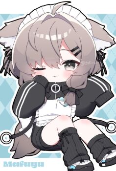 1girl :3 ;3 ahoge akikan_sabako animal_ear_fluff animal_ears apron black_jacket black_ribbon black_shoes black_shorts black_socks blue_background blush borrowed_character brown_hair character_name chibi closed_mouth commentary_request frilled_apron frills full_body grey_eyes grey_hair hair_between_eyes hair_intakes hair_ornament hairclip highres jacket knees_up leg_warmers long_hair long_sleeves looking_at_viewer loose_socks mafuyu_(vrchat) maid maid_apron maid_headdress one_eye_closed outline puffy_long_sleeves puffy_sleeves ribbed_socks ribbon shoes shorts sitting sleeves_past_fingers sleeves_past_wrists socks solo tail track_jacket twitter_username two-tone_background unconventional_maid vrchat white_apron white_outline white_shoes