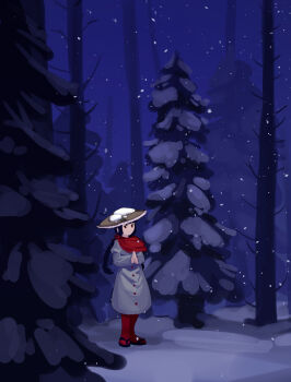 1girl ajirogasa bare_tree black_hair braid buttons capelet closed_mouth dress forest furahata_gen grey_dress hat highres long_earlobes long_hair looking_at_viewer nature own_hands_together pine_tree red_capelet red_eyes red_socks sandals smile snow snowing socks standing touhou tree twin_braids yatadera_narumi