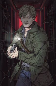 1boy absurdres bags_under_eyes barbed_wire beretta_92 bloober_team blue_pants coat collared_shirt green_coat grey_shirt gun hallway handgun highres holding holding_gun holding_weapon james_sunderland konami looking_at_viewer male_focus nyeigneous pants parted_lips remake shirt short_hair silent_hill_(series) silent_hill_2 silent_hill_2_(remake) solo weapon