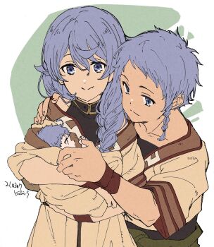 aged_down ahoge baby blue_eyes blue_hair braid carrying carrying_baby carrying_person hand_on_another&#039;s_shoulder highres holding_another&#039;s_finger husband_and_wife looking_at_another mushoku_tensei rokari_migurdia rowin_migurdia roxy_migurdia saitou_yoshiko smile white_background wrist_cuffs