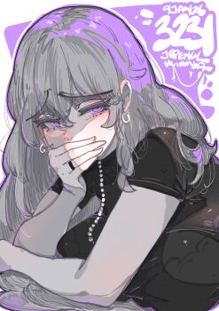 1girl absurdres artist_name black_shirt border breasts commentary covering_own_mouth double-parted_bangs earrings english_commentary grey_hair hair_between_eyes hand_over_own_mouth highres jewelry jrpencil large_breasts long_hair looking_at_viewer multicolored_hair necklace original outside_border pearl_necklace purple_background purple_eyes purple_hair raised_inner_eyebrows ring shirt short_sleeves solo two-tone_hair upper_body white_border