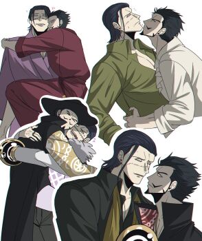 008_yumyum 2boys arms_around_neck ascot black_coat black_hair black_hat black_shirt closed_eyes coat collared_shirt commentary_request couple crocodile_(one_piece) cropped_torso dracule_mihawk eye_contact facial_hair goatee green_shirt hair_slicked_back hat heart highres hook hook_hand imminent_kiss korean_commentary long_sleeves looking_ahead looking_at_another male_focus multiple_boys multiple_views one_piece open_collar patterned_clothing popped_collar purple_robe red_robe robe scar scar_on_face shirt simple_background white_ascot white_background white_shirt wing_collar yaoi yellow_eyes