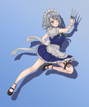 1girl absurdres apron back_bow between_fingers black_pantyhose black_shoes blue_eyes bow braid clenched_teeth dashing fighting_stance green_bow green_ribbon grey_hair hair_bow highres holding holding_knife izayoi_sakuya kkonmulbeom_nyomy knife knives_between_fingers long_hair looking_at_viewer maid maid_apron maid_headdress mais pantyhose puffy_short_sleeves puffy_sleeves ribbon shoes short_hair short_sleeves solo teeth thigh_strap touhou twin_braids waist_apron wrist_cuffs