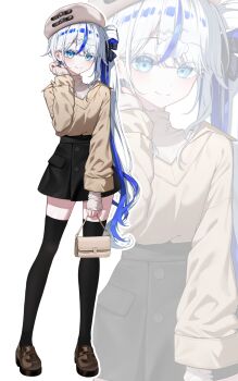 1girl aokumo_rin bag beret black_skirt black_thighhighs blue_eyes blue_hair brown_hat brown_jacket brown_shirt brown_shoes closed_mouth cloud_hair_ornament ekta hashtag-only_commentary hat highres holding holding_bag jacket jacket_tucked_in long_hair multicolored_hair shirt shoes side_ponytail skirt sleeves_past_wrists solo stellive streaked_hair thighhighs very_long_hair virtual_youtuber white_hair zettai_ryouiki zoom_layer