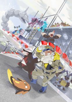 2boys backpack bag beard bird black_hair blue_eyes brown_helmet bunnelby canari_(pokemon) claws diggersby drilbur e_volution excadrill facial_hair fish fletchling gen_1_pokemon gen_4_pokemon gen_5_pokemon gen_6_pokemon gloves hard_hat hat heart helioptile helmet highres hippopotas hippopotas_(female) hippopotas_(male) hologram horns jacket krookodile ladder long_claws long_sleeves looking_at_viewer mani_(pokemon) mask mega_excadrill mega_pokemon multiple_boys nintendo old old_man one_eye_closed onix open_mouth outdoors patrat pokemon pokemon_(creature) pokemon_legends:_z-a scaffolding short_sleeves single_horn sky snake stunfisk tarragon_(pokemon) twintails white_gloves yellow_jacket