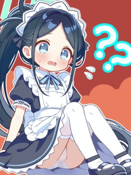1girl ? ?? @_@ apron aqua_trim aris_(blue_archive) aris_(maid)_(blue_archive) black_hair black_shoes blue_archive blue_eyes blush commentary_request frilled_apron frills highres long_hair maid maid_apron maid_headdress official_alternate_costume official_alternate_hairstyle open_mouth panties ponytail puffy_short_sleeves puffy_sleeves shishiejo_(sisieho1) shoes short_sleeves solo thighhighs underwear very_long_hair white_apron white_panties white_thighhighs