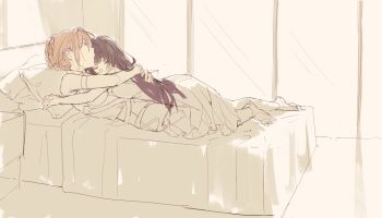 2girls absurdres astra_yao black_hair blonde_hair bluhbold braid braided_bun breast_press commentary cuddling english_commentary evelyn_chevalier hair_bun highres hug long_hair multiple_girls on_bed pillow sleeping sleeping_on_person yuri zenless_zone_zero