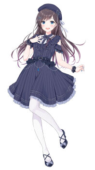 1girl :d belt belt_buckle beret black_belt black_dress black_hat black_shoes blue_eyes blush brown_hair buckle commentary_request dress frilled_dress frills full_body hair_ornament hairclip hand_up hat highres long_hair looking_at_viewer open_mouth original pantyhose shoes simple_background smile solo standing standing_on_one_leg striped_clothes striped_dress vertical-striped_clothes vertical-striped_dress very_long_hair white_background white_pantyhose wrist_cuffs x_hair_ornament yatomi