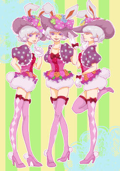 1girl 3girls absurdres animal_ears bow choco---mint dancer disneyland easter easter_wonderland end_bunny_(disney) flower frills full_body gloves hair_flower hair_ornament hat high_heels highres multiple_girls pantyhose rabbit_ears short_hair smile solo thighhighs top_hat white_hair