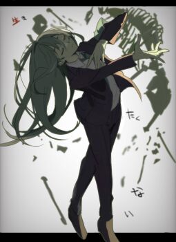 1boy \||/ armband black_border black_pants black_suit bone border brown_footwear closed_eyes closed_mouth collared_shirt commentary_request dancing facing_up floating_hair formal_clothes green_hair green_necktie grey_background hand_on_own_chest hands_up highres jacket leaning_back letterboxed lobotomy_corporation long_hair long_sleeves male_focus messy_hair mu46016419 necktie netzach_(project_moon) otome_kaibou_(vocaloid) outstretched_arm pants project_moon shade shirt simple_background skeleton solo standing suit suit_jacket translation_request white_background white_shirt