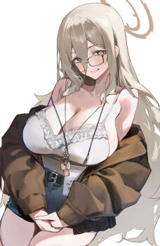 1girl absurdres akane_(blue_archive) bare_shoulders blonde_hair blue_archive blue_shorts blush breasts brown_eyes brown_halo brown_jacket cleavage collarbone commentary english_commentary glasses hair_between_eyes halo highres jacket jewelry large_breasts long_hair_between_eyes looking_at_viewer name_tag necklace open_clothes open_jacket runfufu shirt shorts smile solo thighs white_shirt