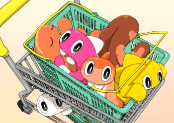 alternate_color black_eyes bright_pupils commentary_request fish looking_at_viewer naru_(wish_field) nintendo no_humans pokemon pokemon_(creature) shiny_and_normal shiny_pokemon shopping_cart tatsugiri tatsugiri_(curly) tatsugiri_(droopy) tatsugiri_(stretchy) white_pupils