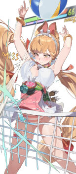 1girl absurdres alice_thymefield alice_thymefield_(sea_of_thyme) animal_ears beach_volleyball berserker_r blonde_hair blush bouncing_breasts bracelet breasts gluteal_fold health_bar heterochromia highres jewelry jumping large_breasts long_hair panties rabbit_ears solo striped_clothes striped_panties tears twintails underwear very_long_hair volleyball volleyball_net white_background zenless_zone_zero