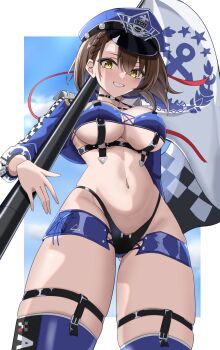 1girl absurdres azur_lane baltimore_(azur_lane) baltimore_(finish_line_flagbearer)_(azur_lane) bikini blue_bikini blue_hat braid braided_bangs breasts brown_hair chest_harness clothing_cutout cropped_jacket flag from_below harness hat highleg highleg_bikini highres holding holding_pole joo0nnvrppoxqeo looking_at_viewer micro_shorts mismatched_bikini official_alternate_costume peaked_cap pole race_queen shorts smile solo swimsuit teeth underboob underboob_cutout yellow_eyes