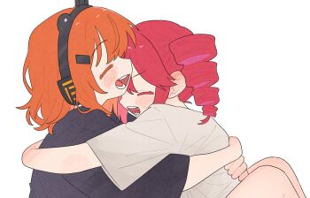 2girls a.i._voice adachi_rei alternate_costume closed_eyes commentary_request drill_hair highres hug kasane_teto medium_hair multiple_girls ofo_j1 open_mouth orange_hair red_hair shirt short_sleeves simple_background smile t-shirt twin_drills utau white_background