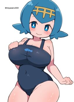 1girl alternate_breast_size_(larger) alternate_costume animal_print blue_eyes blue_hair blue_one-piece_swimsuit blue_school_swimsuit blush breasts cleavage collarbone fish_print hairband hand_on_own_chest highres lana_(pokemon) large_breasts looking_at_viewer miyazero nintendo one-piece_swimsuit oppai_loli pokemon pokemon_sm print_swimsuit school_swimsuit short_hair smile solo standing swimsuit white_background wide_hips