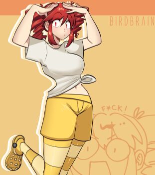 1girl arms_up birdbrain_(synthesizer_v) crocs drill_hair hands_on_own_head highres kasane_teto missandydandy navel orange_background outline pantyhose red_eyes red_hair shirt shoes short_sleeves shorts sidelocks striped_clothes striped_pantyhose twin_drills vocaloid white_outline white_shirt yellow_pantyhose yellow_shoes yellow_shorts