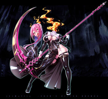 1girl absurdres alichino_(eden&#039;s_ritter_grenze) black_boots black_corset black_thighhighs boots breasts cave commentary_request copyright_name copyright_notice corset cross cross_necklace disembodied_head dullahan eden&#039;s_ritter_grenze fingernails fire garter_belt garter_straps hair_between_eyes headless highres holding holding_detached_head holding_scythe jewelry large_breasts leaning_to_the_side long_hair long_sleeves long_tongue looking_at_viewer necklace official_art open_mouth orange_eyes pink_hair sakuya_tsuitachi scythe sharp_teeth smile solo teeth thick_thighs thigh_boots thigh_strap thighhighs thighs tongue tongue_out white_garter_belt white_garter_straps