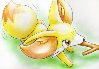 animal_ear_fluff brown_eyes fennekin gen_6_pokemon highres ibutsu multicolored_fur nintendo no_humans orange_fur pokemon pokemon_(creature) solo stick tail yellow_fur