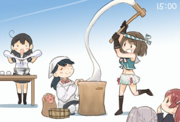 5girls ahoge animal apron black_gloves black_hair black_hakama black_socks blue_sailor_collar blue_skirt blush blush_stickers brown_hair closed_eyes closed_mouth food gloves gradient_background grey_hair grin hachimaki hakama headband holding houshou_(kancolle) japanese_clothes japanese_macaque kantai_collection kappougi kimono kine kneehighs long_hair mallet maya_(kancolle) maya_kai_ni_(kancolle) midriff military military_uniform mochi mochitsuki monkey mortar_(bowl) multiple_girls nejiri_hachimaki o_o open_mouth pantyhose pink_kimono pleated_skirt ponytail saiguchi_otoufu sailor_collar school_uniform serafuku short_hair short_sleeves skirt sleeveless smile socks twintails ushio_(kancolle) white_legwear white_skirt