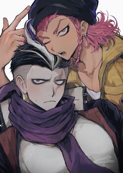 Rule 34 | 2boys, arm up, beanie, black coat, black hair, black hat, braid, closed mouth, coat, collarbone, collared coat, commentary request, danganronpa (series), danganronpa 2: goodbye despair, earrings, frown, hat, highres, jewelry, joonoyuki, jumpsuit, looking to the side, male focus, medium hair, multicolored hair, multiple boys, one eye closed, open mouth, piercing, pink eyes, pink hair, purple scarf, scar, scar across eye, scar on face, scarf, sharp teeth, shirt, side braid, simple background, soda kazuichi, streaked hair, stud earrings, tanaka gundham, teeth, unzipped, white background, white hair, white shirt, yellow jumpsuit