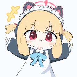 Rule 34 | 1girl, :3, animal ear headphones, animal ears, animated, animated gif, apron, blonde hair, blue archive, blue ribbon, blush stickers, cat ears, chibi, closed mouth, commentary, dress, fake animal ears, halo, headphones, long sleeves, looking at viewer, maid headdress, momoi (blue archive), momoi (maid) (blue archive), neck ribbon, no nose, outstretched arms, pink halo, red eyes, ribbon, short twintails, sidelocks, solo, twintails, umihio, upper body, white apron