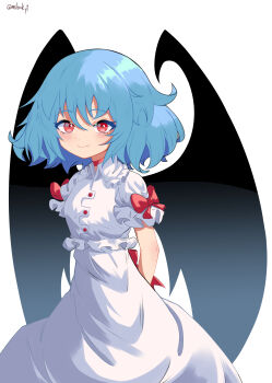 Rule 34 | 1girl, absurdres, arms behind back, back bow, bat wings, blue hair, bow, breasts, choker, closed mouth, collared shirt, commentary, fangs, fangs out, frilled shirt collar, frills, highres, looking at viewer, medium hair, mibukyt, no headwear, puffy short sleeves, puffy sleeves, red bow, red choker, red eyes, remilia scarlet, shirt, short sleeves, simple background, skirt, sleeve bow, small breasts, smile, solo, touhou, twitter username, white background, white shirt, white skirt, wings