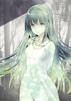 1girl alternate_hair_color arms_behind_back breasts closed_mouth commentary_request dress forest green_eyes green_hair highres long_hair looking_at_viewer mon_7291 nature nephilim_(xenosaga) small_breasts solo standing very_long_hair white_dress xenosaga xenosaga_episode_iii