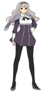 1girl b_suke black_hairband black_pantyhose breasts brown_eyes commentary_request dress full_body grey_hair grey_jacket grey_shoes hairband hand_on_own_hip high_heels idolmaster idolmaster_(classic) jacket jacket_on_shoulders medium_breasts pantyhose shijou_takane shoes short_dress solo