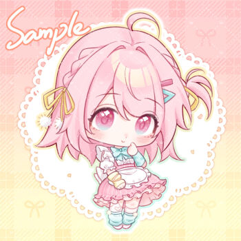 1girl ahoge apron blue_bow blue_bowtie blue_socks blush bow bowtie chibi chibi_only chinese_commentary closed_mouth commentary_request dress frilled_apron frills full_body hair_intakes hair_ribbon hand_up looking_at_viewer mihuashi_60597 one_side_up original parted_bangs pink_dress pink_eyes pink_hair pink_shoes ribbon sample_watermark shoes short_hair short_sleeves smile socks solo standing striped_clothes striped_dress vertical-striped_clothes vertical-striped_dress watermark white_apron