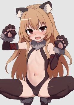 1girl aisaka_taiga animal_ear_fluff animal_ears armpits blush brown_eyes brown_hair cameltoe commentary cosplay detached_sleeves embarrassed english_commentary fake_animal_ears fang fate/kaleid_liner_prisma_illya fate_(series) feet_out_of_frame female_focus frown fur_trim halterneck highres illyasviel_von_einzbern illyasviel_von_einzbern_(beast_style) illyasviel_von_einzbern_(beast_style)_(cosplay) loli long_hair looking_at_viewer mikoscrub navel open_mouth paw_pose shadow sidelocks simple_background solo spread_legs squatting stomach thighhighs thighs toradora! very_long_hair white_background