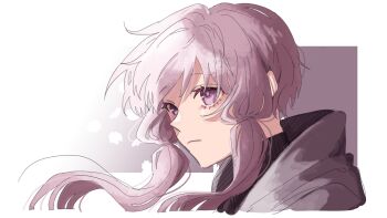 Rule 34 | 1girl, absurdres, black sweater, border, closed mouth, cropped shoulders, expressionless, floating hair, from side, gradient background, highres, hood, hood down, hoodie, long hair, low twintails, onion jounouchi, outside border, purple background, purple eyes, purple hair, purple hoodie, solo, sweater, twintails, vocaloid, voiceroid, white background, white border, yuzuki yukari