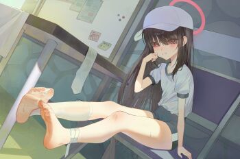 1girl absurdres bandaged_ankle barefoot baseball_cap black_hair blue_archive blue_buruma buruma commentary_request eyes_visible_through_hair feet feet_up full_body gym_shirt gym_uniform hair_over_eyes halo hat highres justice_task_force_member_(blue_archive) legs long_hair may.l red_eyes red_halo shirt shirt_tucked_in short_sleeves sitting socks soles solo sweat toes white_hat white_shirt white_socks