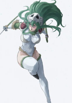 1girl absurdres arrancar bleach bleach:_sennen_kessen-hen breasts commentary_request covered_navel facial_mark fighting_stance floating_hair foot_out_of_frame fur-trimmed_thighhighs fur_trim green_hair hair_between_eyes highleg highleg_leotard highres holding holding_sheath holding_sword holding_weapon hollow_(bleach) katana large_breasts leotard long_hair looking_to_the_side mask mitarashi_(5333069) navel nelliel_tu_odelschwanck open_mouth skull skull_mask skull_on_head solo standing standing_on_one_leg sword thighhighs weapon white_leotard white_thighhighs