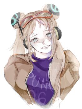 1girl blonde_hair commentary_request double_bun eyelashes freckles goggles goggles_on_head hair_bun headphones highres jacket light_smile one_piece simple_background solo twintails u_mi031 upper_body vegapunk_york white_background