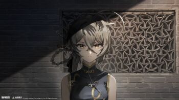 Rule 34 | 1girl, absurdres, ahoge, bare shoulders, black dress, braid, braided hair rings, brick wall, china dress, chinese clothes, closed mouth, copyright name, copyright notice, crossed bangs, dress, grey hair, hair between eyes, hair rings, highres, jingui (xinyue tongxing), lattice, logo, long hair, looking at viewer, low ponytail, official art, official wallpaper, ponytail, shade, solo, straight-on, upper body, xinyue tongxing, yellow eyes
